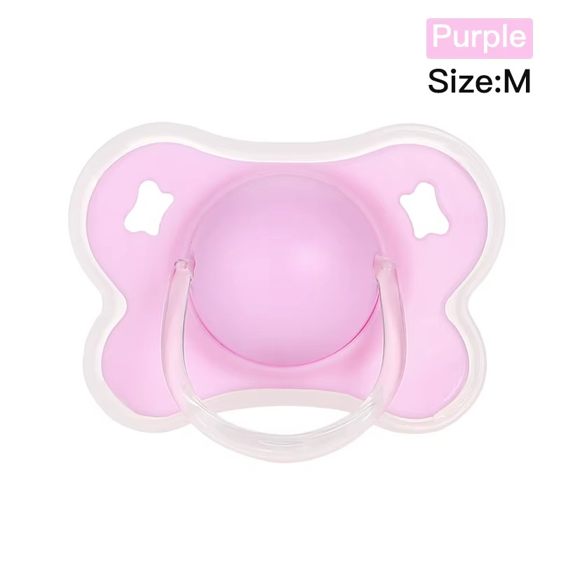 Purple size M silicone thumb shape baby pacifier with clear handle and white border top view.
