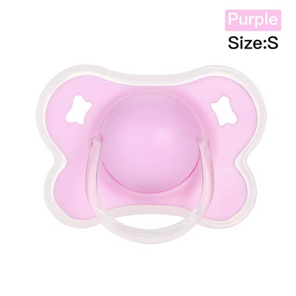 Purple size S silicone thumb shape baby pacifier with clear handle and white border top view.