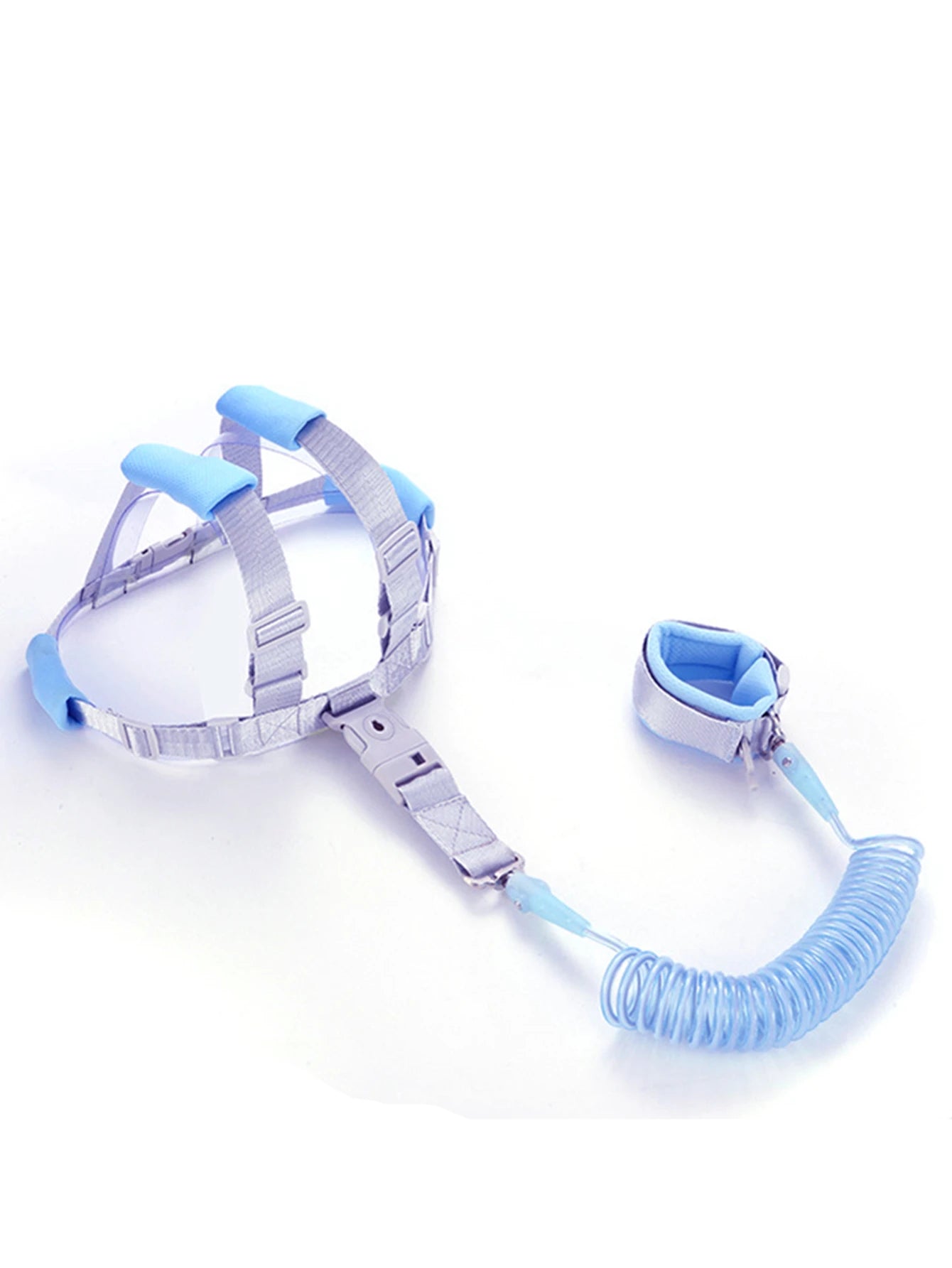Blue toddler anti-lost safety harness with 2m spring leash and wrist strap set laid flat.