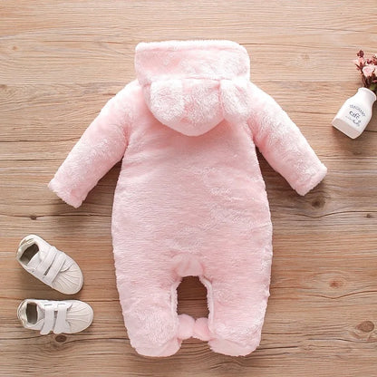 Plush Hooded Baby Romper | Warm Cartoon Jumpsuit for Fall and Winter