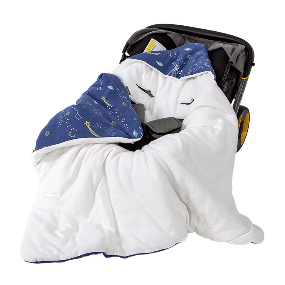 Hooded baby wrap blanket with blue space print lining in stroller, variant space 90x90cm.