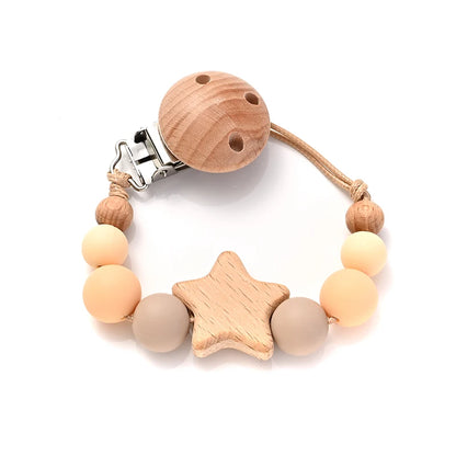 Wood and Silicone Pacifier Clip Chain | Teether Bead Soother Holder (BPA Free)