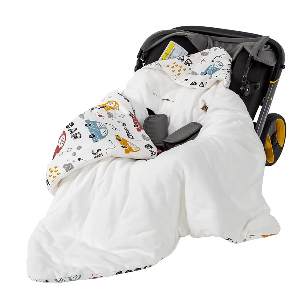 Hooded baby wrap blanket with colorful car print lining in stroller, variant colorful car 90x90cm.