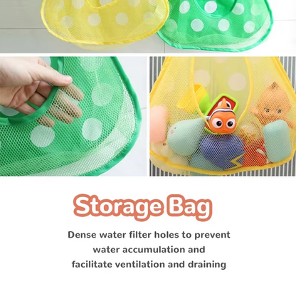 Yellow and green bath toy storage mesh bags highlighting dense water filter holes and ventilation.