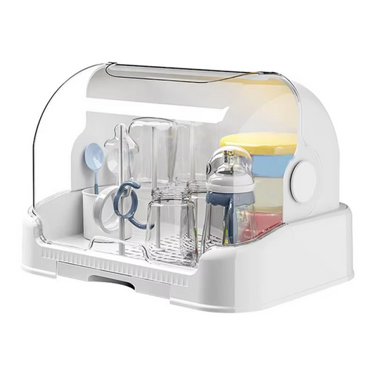 White clear baby bottle drying rack with dustproof lid and removable drip tray, holding bottles and accessories.