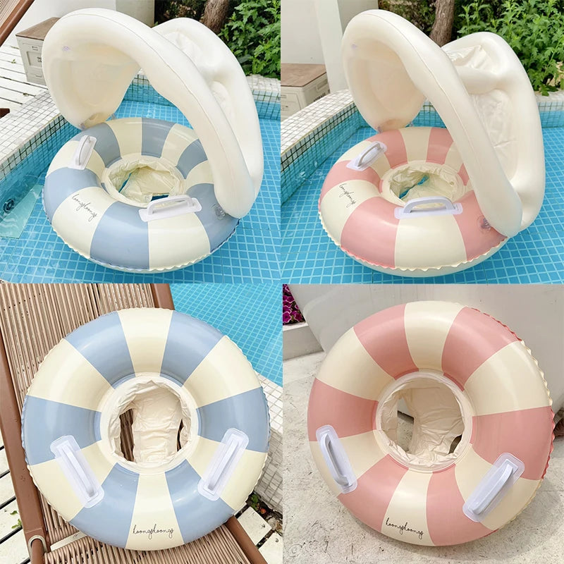 Rooxin inflatable baby swim rings in blue and pink stripes with backrest and handles floating in pool.