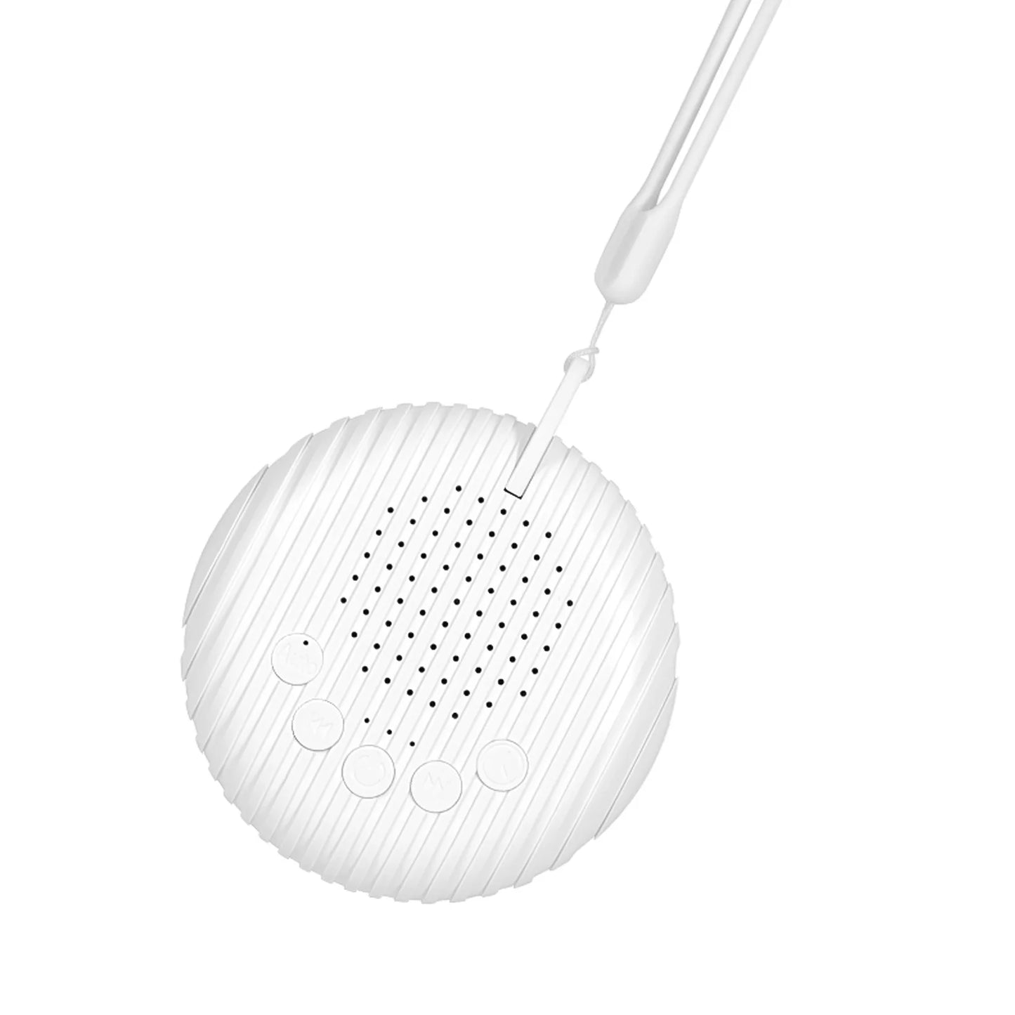 White portable white noise sleep sound machine hanging by strap on white background.