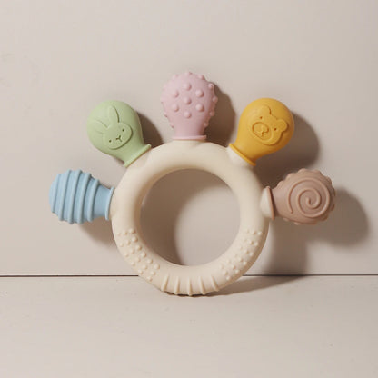 Multicolor silicone baby teething ring with five pastel textured chew heads.