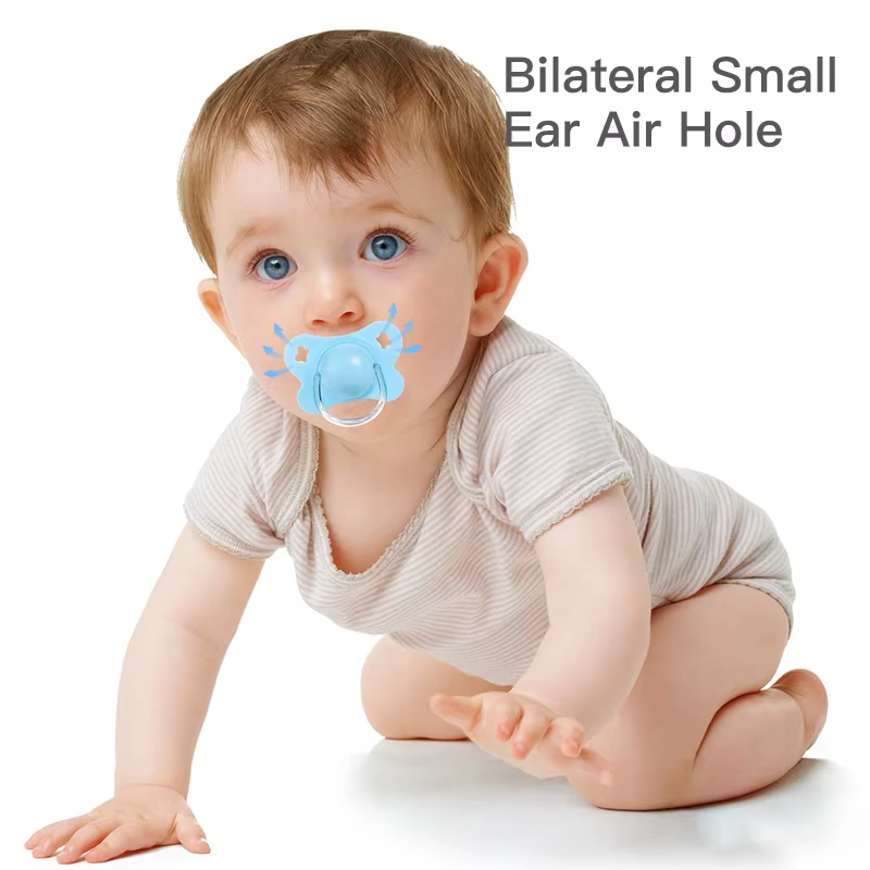 Blue silicone thumb-shaped baby pacifier with labeled parts and measurements on white background.