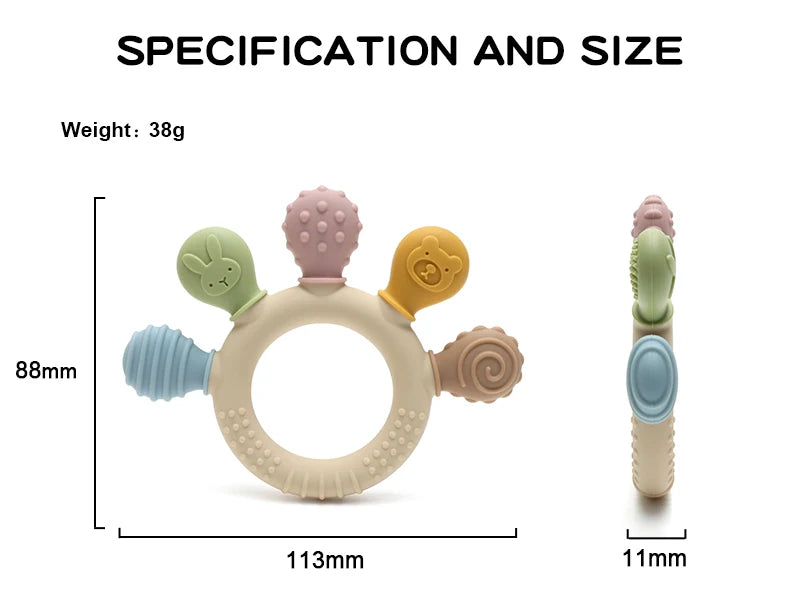Silicone baby teething ring dimensions and thickness diagram with five textured chew heads.