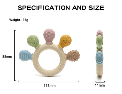Silicone baby teething ring dimensions and thickness diagram with five textured chew heads.