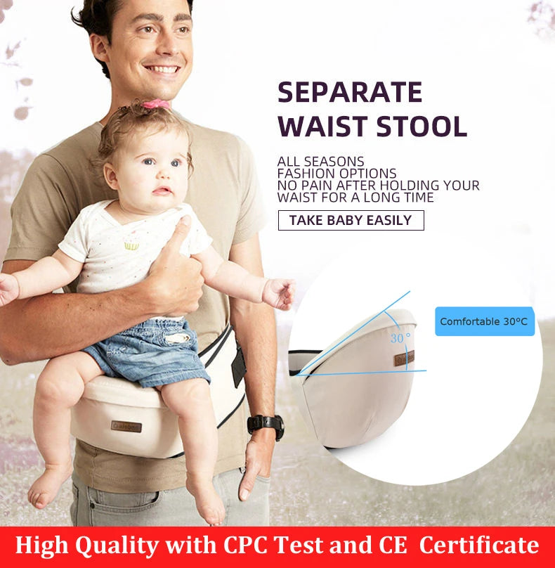 Beige ergonomic baby hip seat carrier worn by man holding baby with comfort angle details.