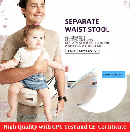 Beige ergonomic baby hip seat carrier worn by man holding baby with comfort angle details.