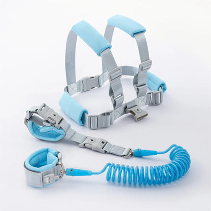 Blue toddler anti-lost safety harness and 2m spring leash wrist strap laid flat.