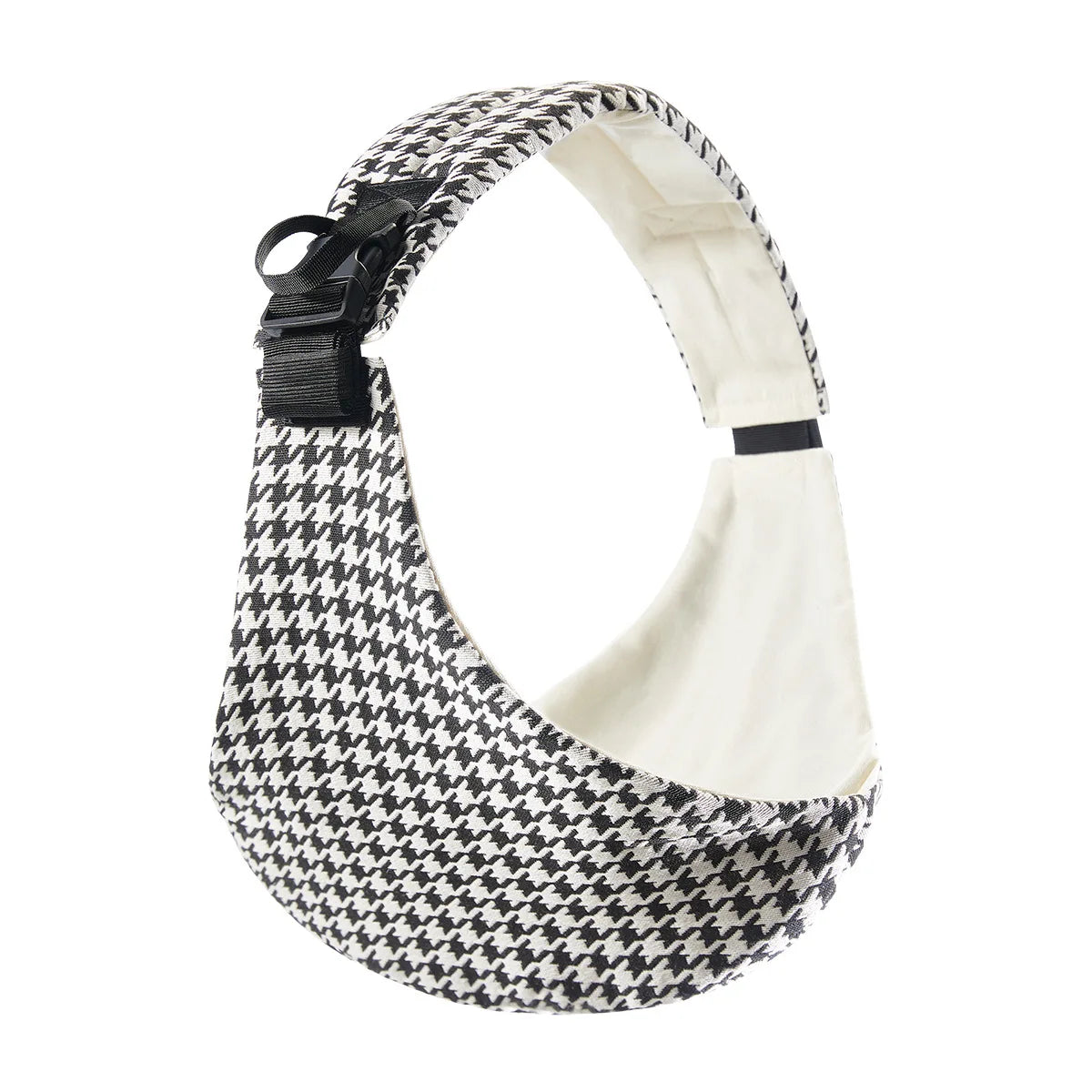 Black and white houndstooth adjustable baby carrier wrap curved with white interior lining.
