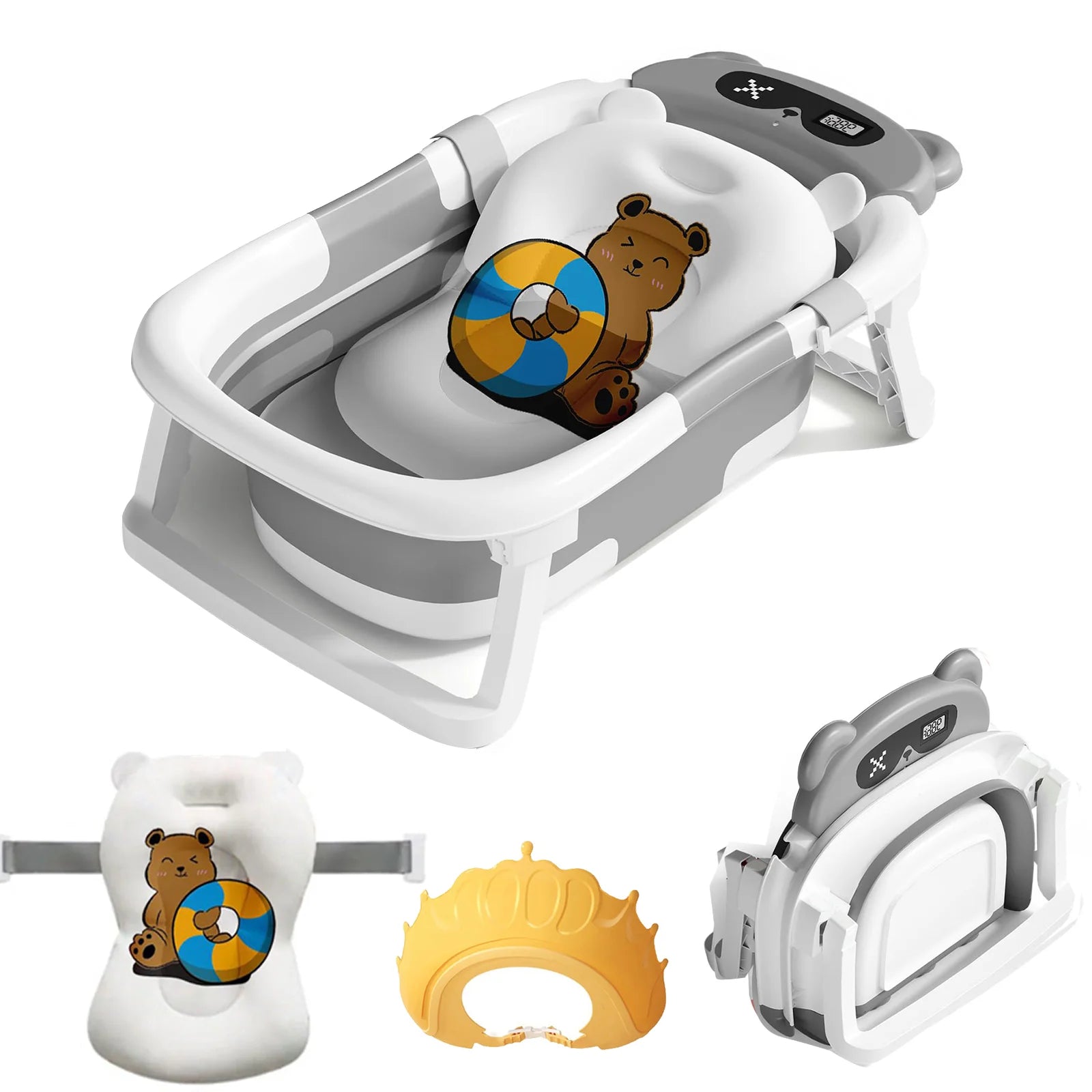 Foldable gray baby bathtub with bear cushion, digital thermometer, head brush, and splash guard unfolded and folded.