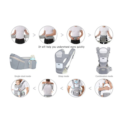Instructional graphic demonstrating wearing and modes of ergonomic baby carrier.