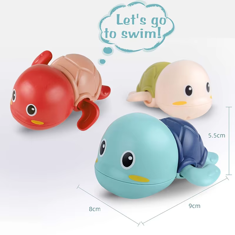 Set of three colorful wind-up turtle bath toys with size dimensions and swim text.