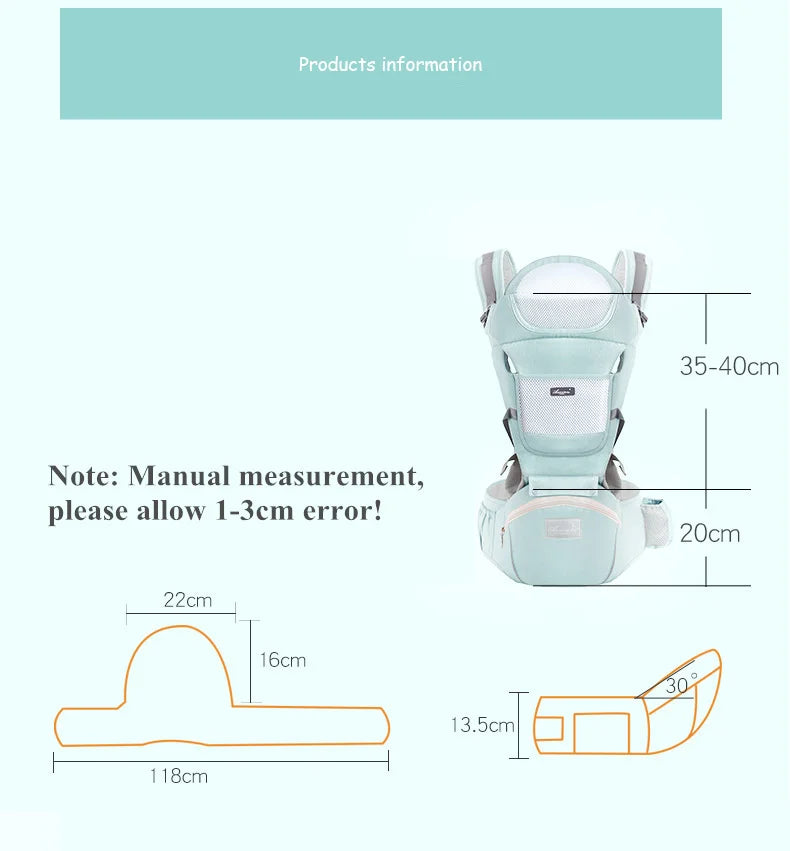 Light green ergonomic baby carrier technical diagram with dimensions and angle measurements.