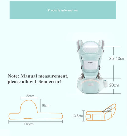 Light green ergonomic baby carrier technical diagram with dimensions and angle measurements.