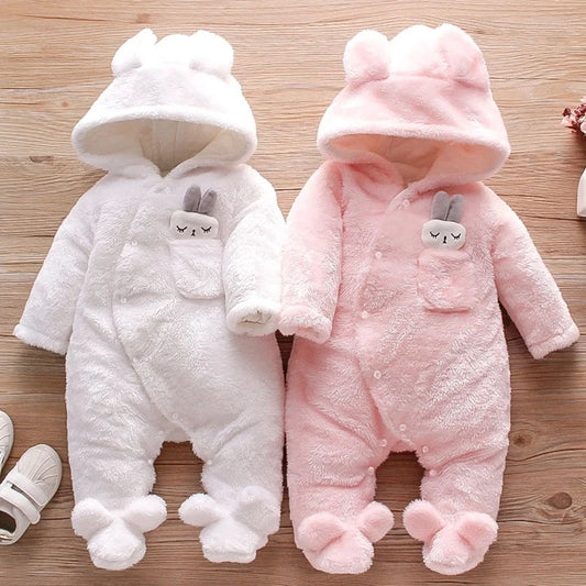 Plush Hooded Baby Romper | Warm Cartoon Jumpsuit for Fall and Winter
