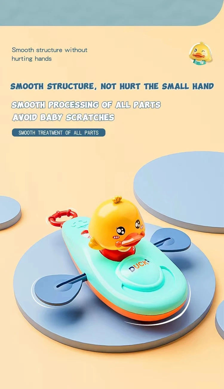 Blue duck kayak bath toy on smooth round blue platform showing smooth structure.