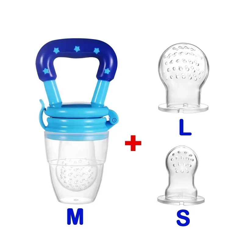 Blue silicone baby fruit feeder pacifier with dark blue star handle and two extra silicone nipples in large and small sizes.