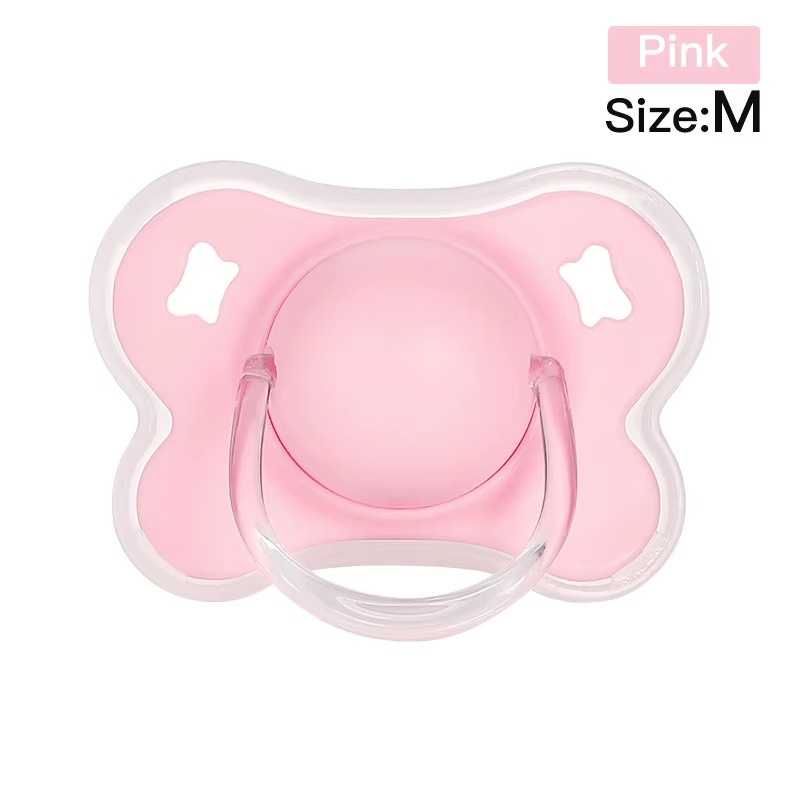 Pink size M silicone thumb shape baby pacifier with clear handle and white border top view.