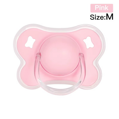 Pink size M silicone thumb shape baby pacifier with clear handle and white border top view.