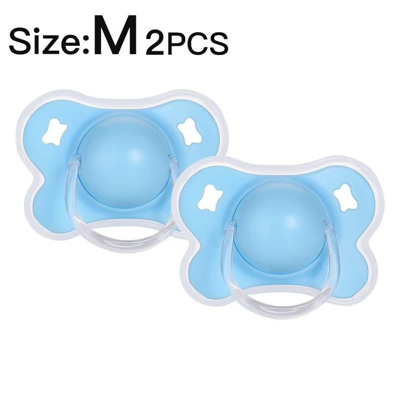 Blue medium size silicone thumb shape baby pacifiers set of two with clear handles.