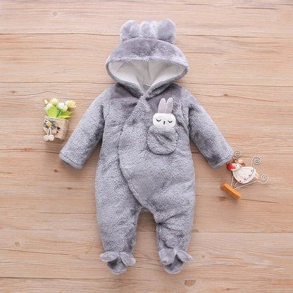 Plush Hooded Baby Romper | Warm Cartoon Jumpsuit for Fall and Winter
