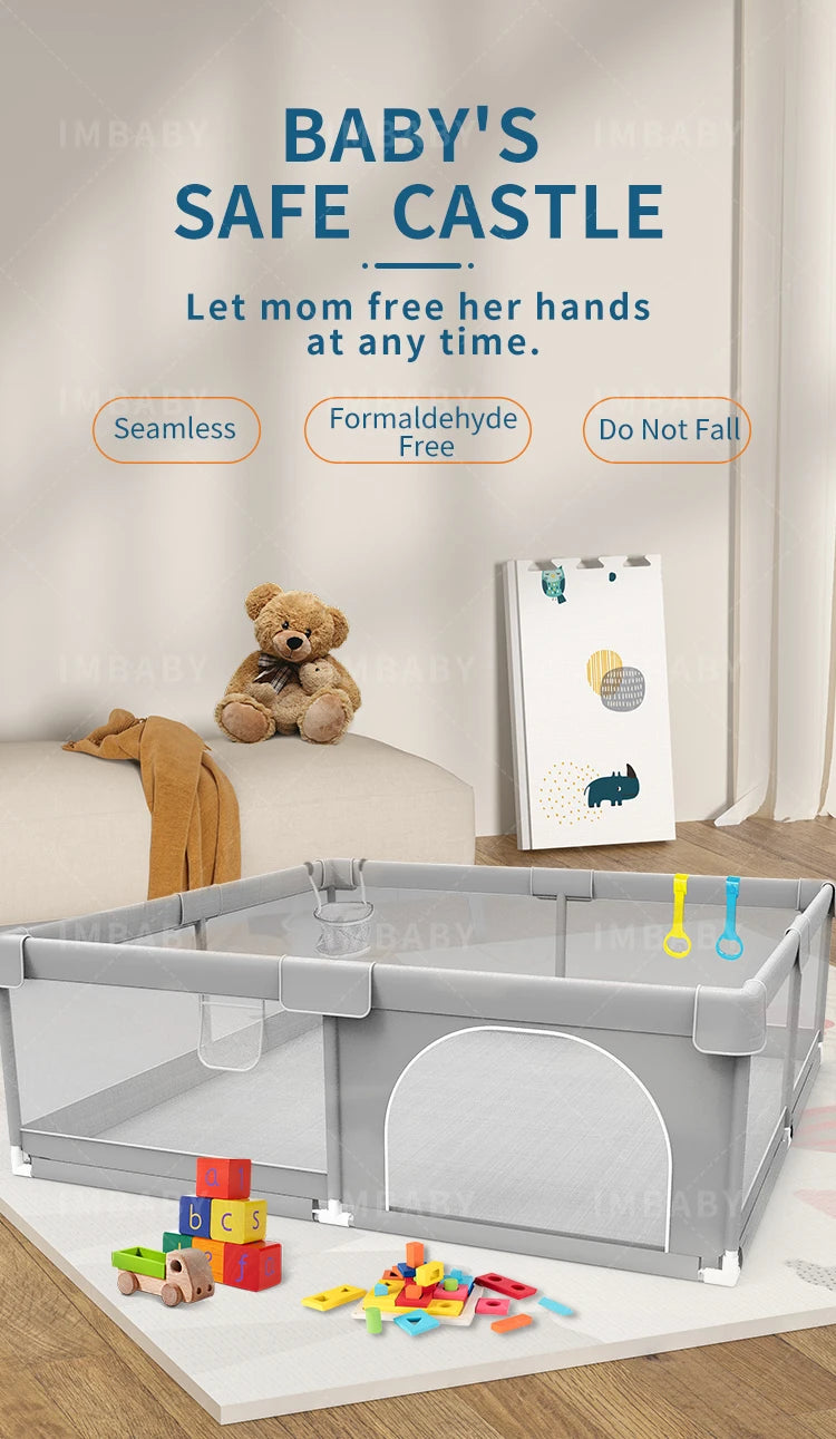 Gray baby playpen in room with toys and text highlighting safety features.