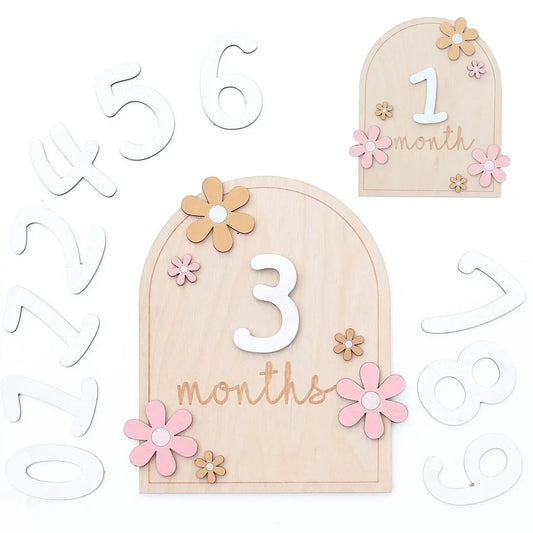 Wooden Baby Monthly Milestone Cards | Double Sided Photo Props for Newborns