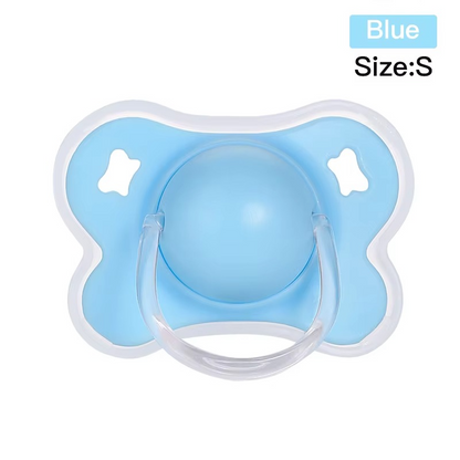 Blue size S silicone thumb shape baby pacifier with clear handle and white border top view.