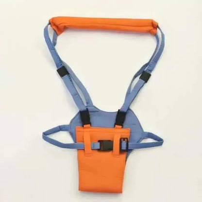 Flat lay of orange and blue baby walking harness assistant showing adjustable straps and padded handle.
