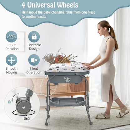 Baby bathtub with changing table on lockable 360-degree rotating wheels for easy movement.