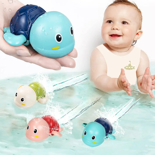 Baby playing with four colorful wind-up swimming turtle bath toys in water.