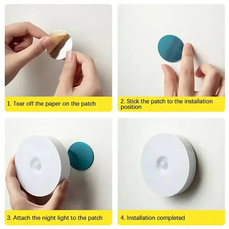 Step-by-step installation of magnetic patch and attaching rechargeable night light to wall.