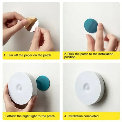 Step-by-step installation of magnetic patch and attaching rechargeable night light to wall.