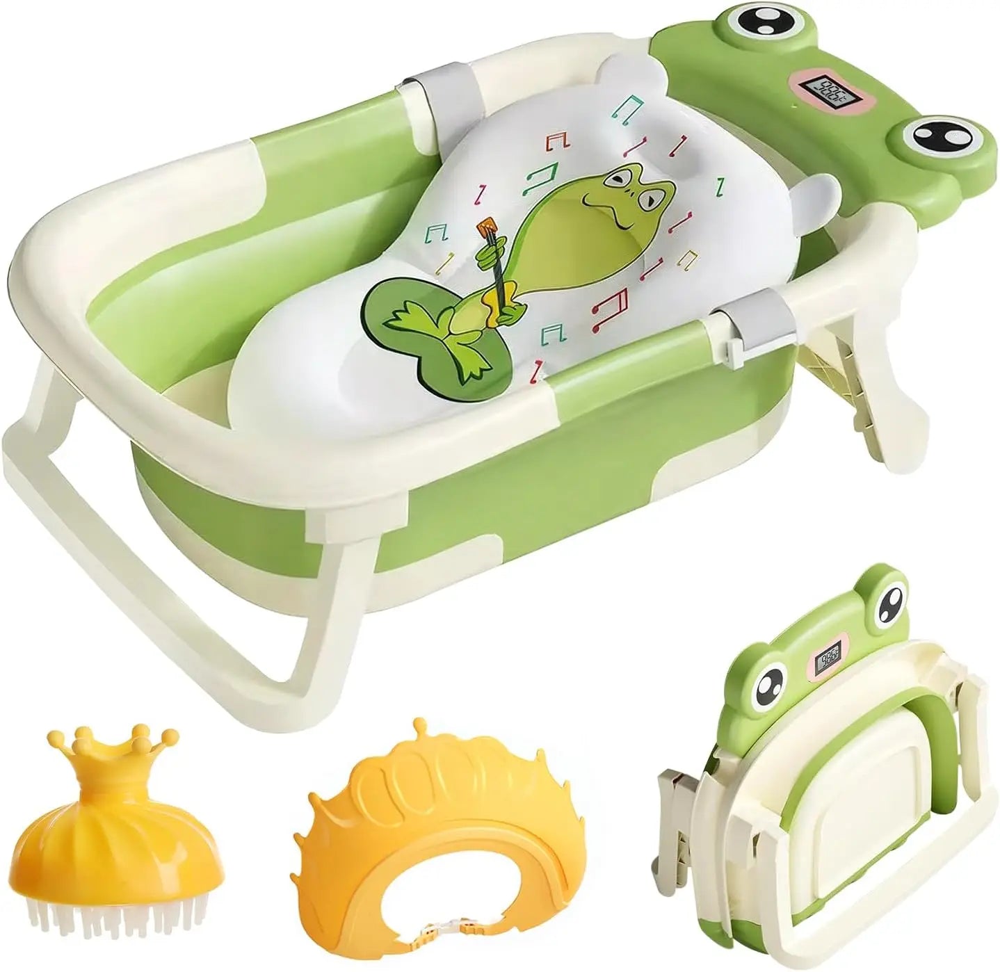 Foldable green baby bathtub with frog cushion, digital thermometer, head brush, and splash guard unfolded and folded.