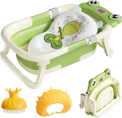 Foldable green baby bathtub with frog cushion, digital thermometer, head brush, and splash guard unfolded and folded.