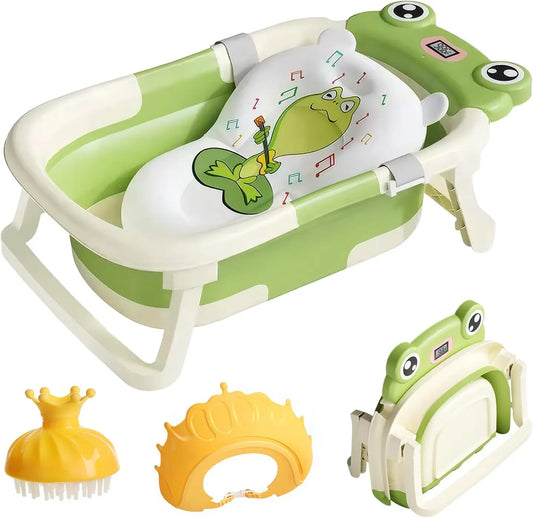 Foldable green baby bathtub with frog cushion, digital thermometer, head brush, and splash guard unfolded and folded.