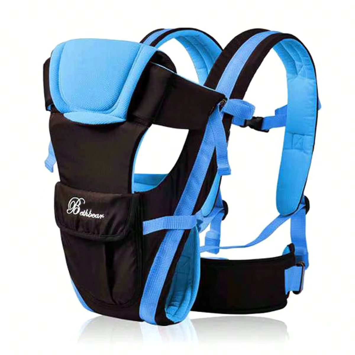 Blue ergonomic 4-in-1 baby carrier with padded straps and adjustable waist belt.