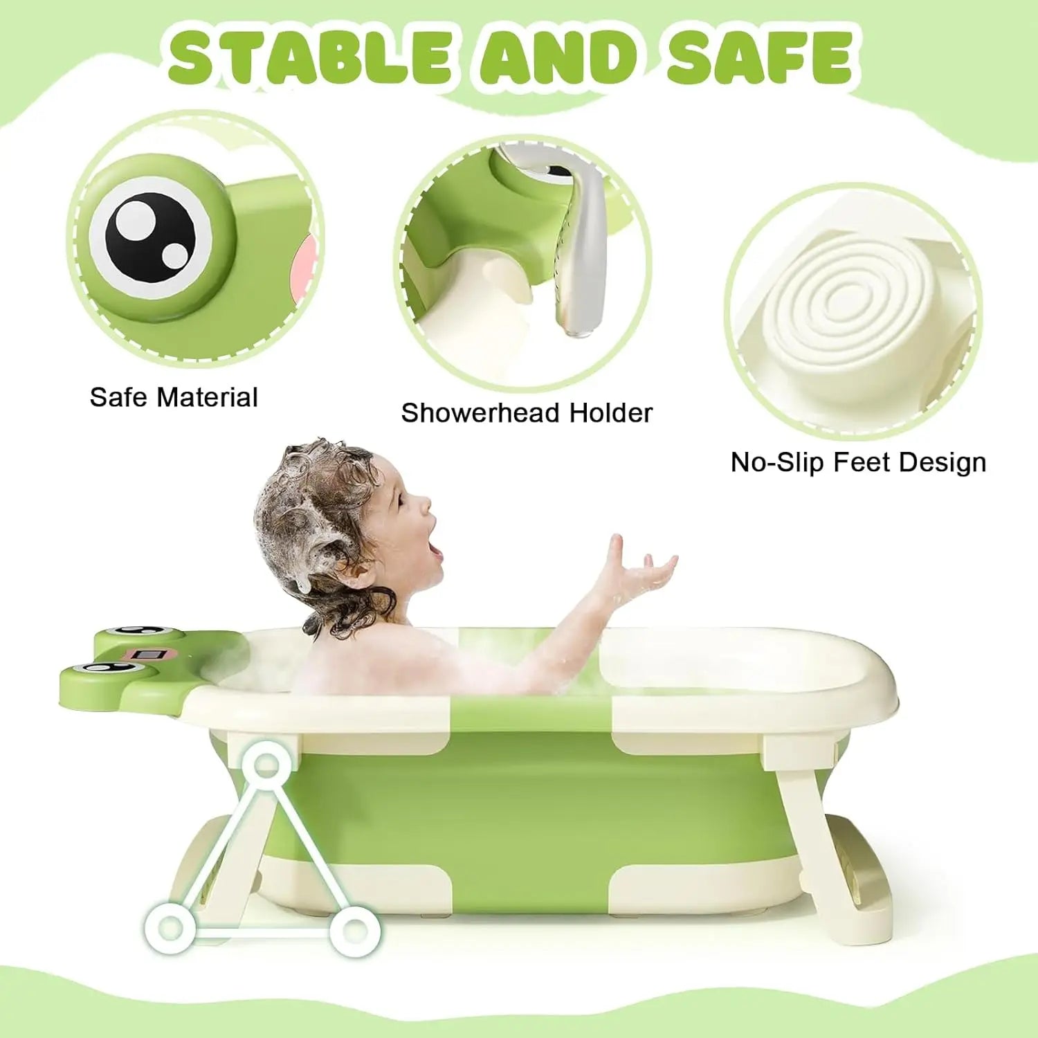 Green foldable baby bathtub with baby inside, showing safe material, showerhead holder, and no-slip feet features.