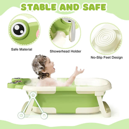Green foldable baby bathtub with baby inside, showing safe material, showerhead holder, and no-slip feet features.