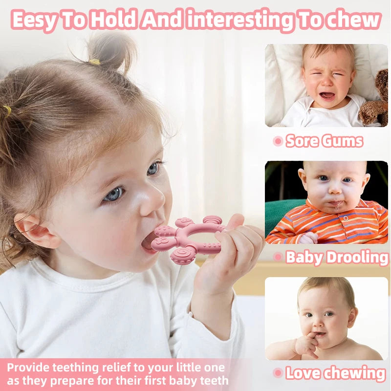 Toddler holding pink silicone baby teething ring with five textured pastel chew heads.
