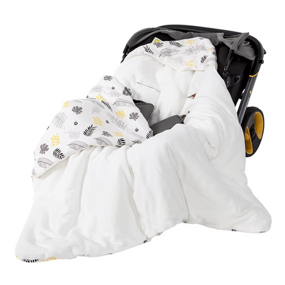 Hooded baby wrap blanket with leaves and botanical print in stroller, variant leaves 90x90cm.
