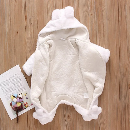 Plush Hooded Baby Romper | Warm Cartoon Jumpsuit for Fall and Winter