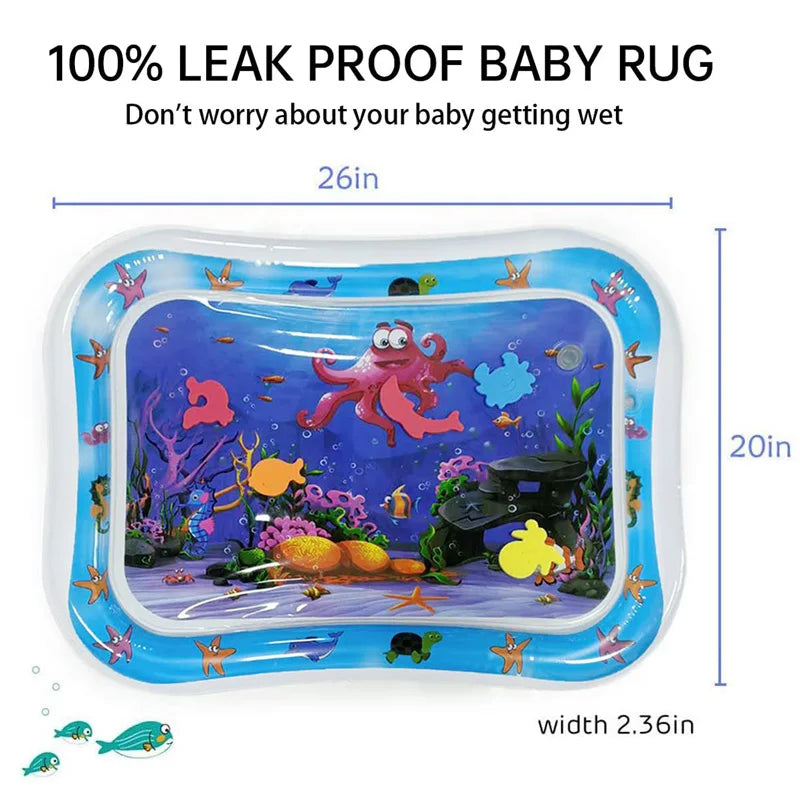 Blue octopus-themed baby water play mat with 26x20 inch dimensions and leak proof label.
