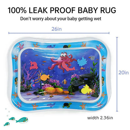 Blue octopus-themed baby water play mat with 26x20 inch dimensions and leak proof label.